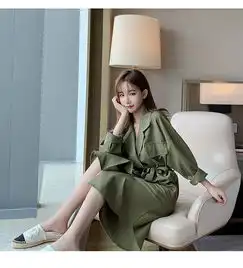 施悦名风衣女2019秋季新款英伦风翻领系带双排扣过膝中长款外套a