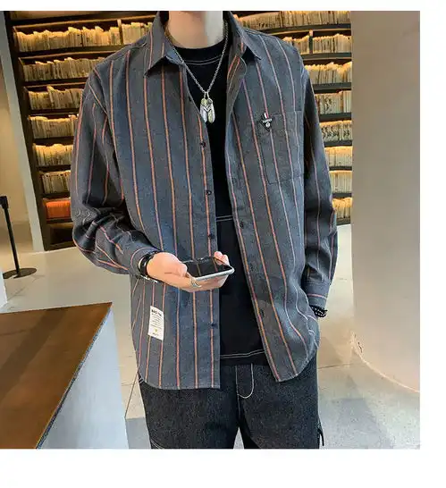 长袖条纹衬衫男秋冬外套韩版潮流帅气加绒装上衣休闲保暖衬衣宽松