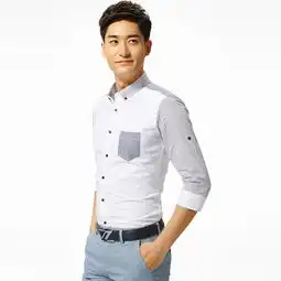 春夏季新品七分袖休闲衬衣时尚波点印花拼接男士中袖衬衫
