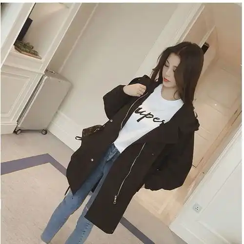 原宿风外套2020新款韩版大码女装衣服胖妹妹百搭中长款连帽风衣女