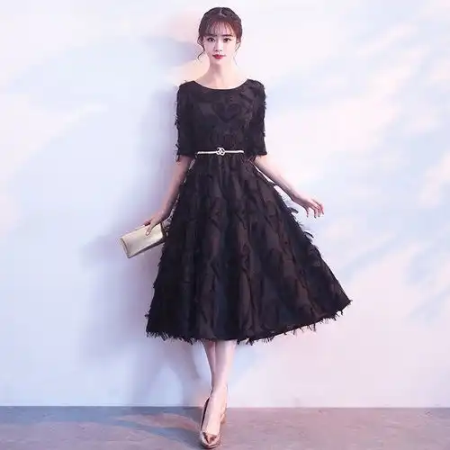 宴会晚礼服女2020新款名媛显瘦黑色中长款宴会小礼服聚会连衣裙春