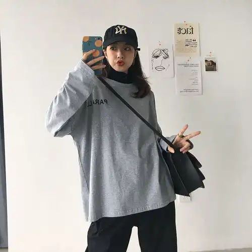 秋冬新款宽松百搭圆领长袖t恤女学生韩版原宿风bf春季慵懒上衣服