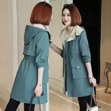 蓝色女风衣2021春季新款韩版时尚中长款修身显瘦可脱卸帽外套