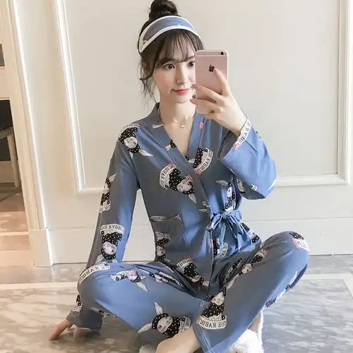网红抖音款睡衣女春秋冬季长袖和服加大码宽松卡通韩版套装家居服
