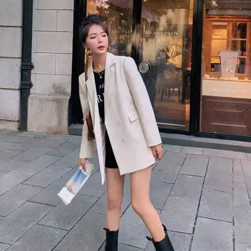 2021秋季新款韩版修身显瘦小西装女英伦风杏色小西服外套女装