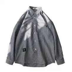 新款男士长袖衬衫休闲港风条纹男衬衫舒适宽松百搭衬衫男550p40