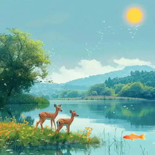 青山绿水能量头像,象征着福鹿悠然惬意,寓意锦鲤悠游自在的生活