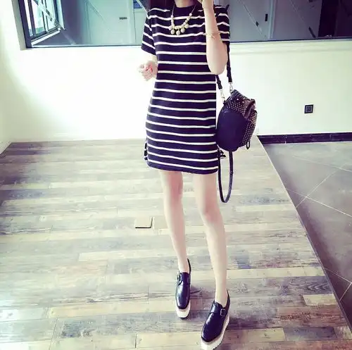 女装中长款女式条纹宽松短袖t恤女韩版横条纹女士连衣裙pf福卡商城