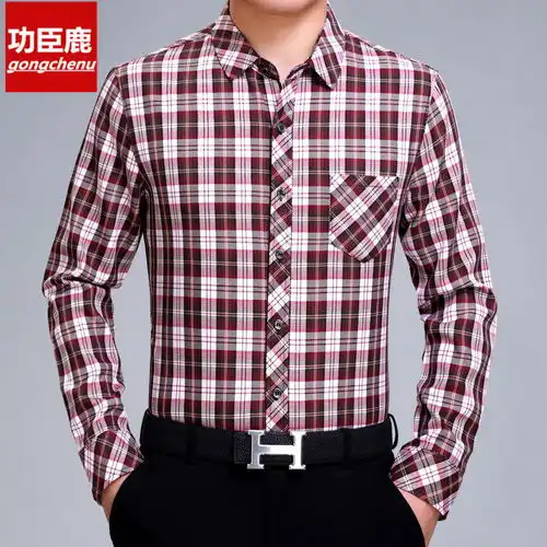 衬衫男长袖新款商务休闲格子宽松薄款爸爸装春秋衣服中年男士衬衣