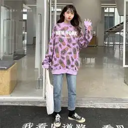 实拍新款加绒加厚卫衣女装半高领字母菠萝印花中长外套