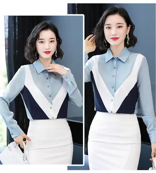 2019秋季新款拼接撞色长袖雪纺衬衫女职业时尚气质工作服大码衬衣