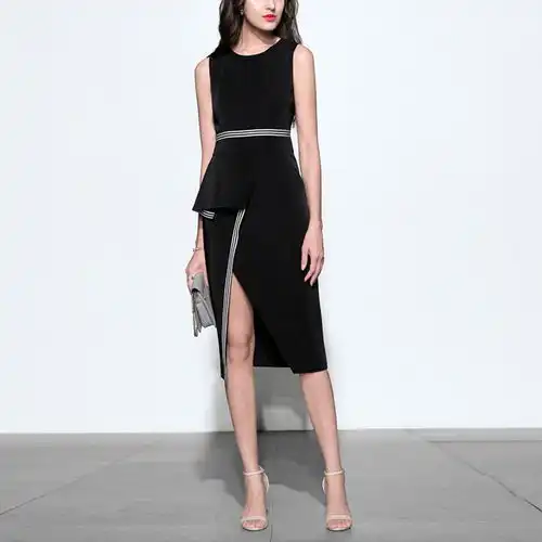 限2018夏装新款女装欧美时尚优雅气质圆领无袖荷叶边连衣裙黑色