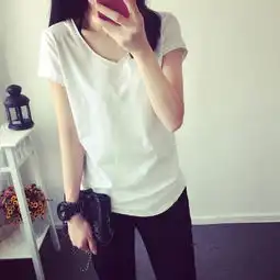 my2018夏季新款韩版原宿风纯色卷边v领短袖宽松打底t恤衫女装