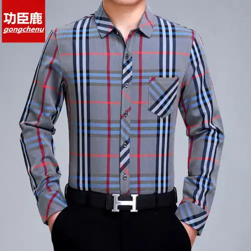 衬衫男长袖新款商务休闲格子宽松薄款爸爸装春秋衣服中年男士衬衣