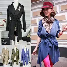 实拍细节特写春秋冬修身裙式时尚长袖长款女式风衣外套女装黑色