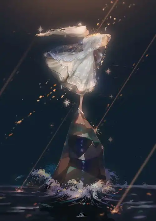 星空海浪点缀的梦幻少女插画,犹如精灵般的少女感十足