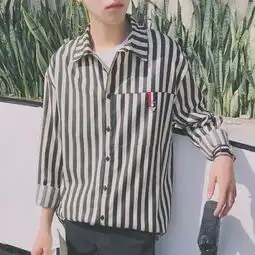 夏季条纹衬衫外套男士长袖衬衣韩版休闲情侣装潮流衣...