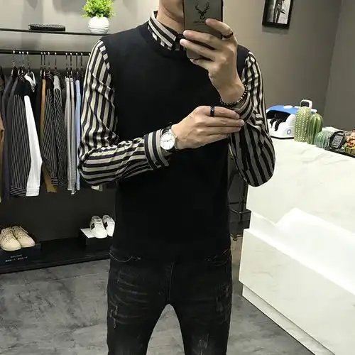 假两件毛衣男2019秋冬季新款衬衫领韩版修身针织衫男士潮流毛线衣