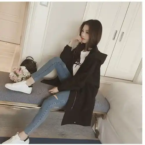 原宿风外套2020新款韩版大码女装衣服胖妹妹百搭中长款连帽风衣女