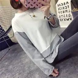 早秋女装韩版原宿风个性黑白拼色字母长袖喇叭袖t恤宽松学生上衣