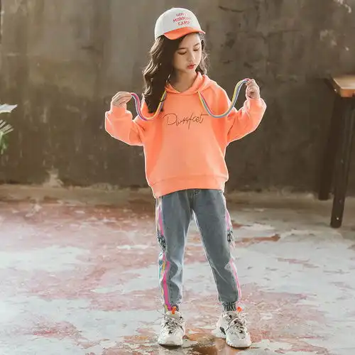 女童牛仔裤卫衣两件套春季新款韩版2020女童中大童装卫衣休闲套装
