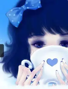 我想知道这张插画有全脸的吗韩国风格,蓝色背景和头发的女孩,捧杯子的