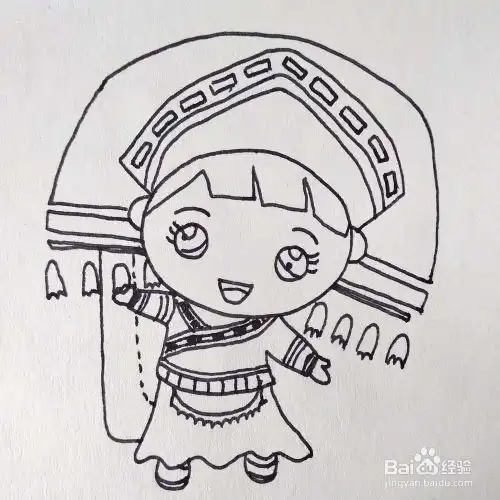 怎么画一个少数民族苗族的卡通小女孩简笔画