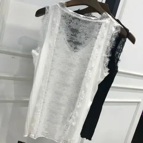春季欧美高品质显瘦打底衫内搭外穿进口丝绒拼蕾丝小背心吊带女