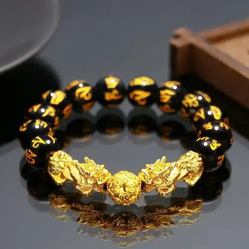 越南沙金手链黑曜石貔貅手链男士女款情侣简约手串招财佛珠礼物