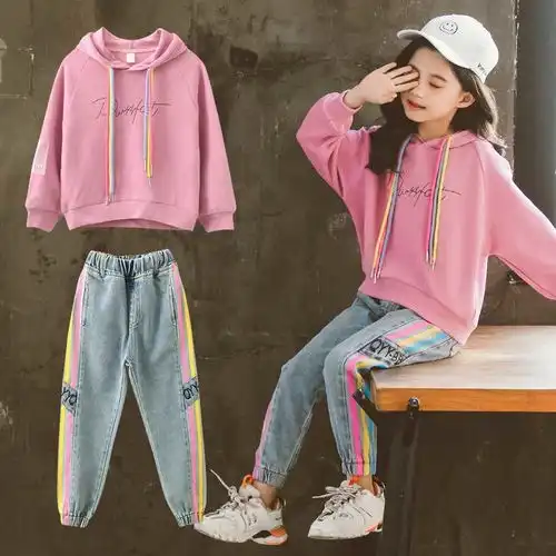 女童牛仔裤卫衣两件套春季新款韩版2020女童中大童装卫衣休闲套装