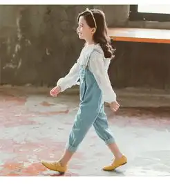 2019新款公主童套装女童秋装中大童儿童衬衫背带牛仔裤两件套pwy