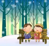 在雪地上坐在长凳拿着雕鱼烧饼的小男孩与小女孩卡通人物矢量图下载1415619