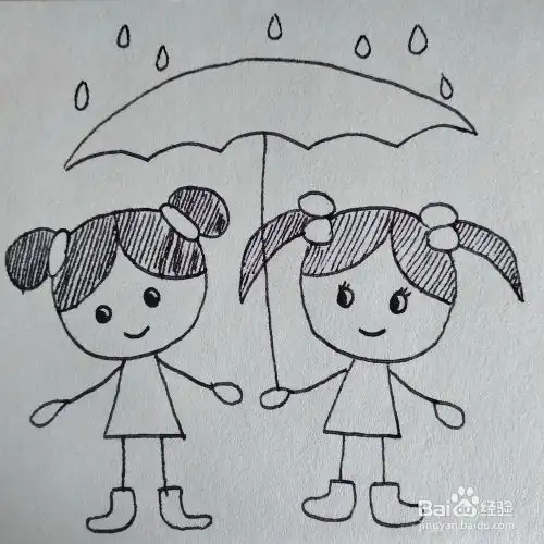 如何画两个一起撑伞躲雨的小女生卡通儿童简笔画