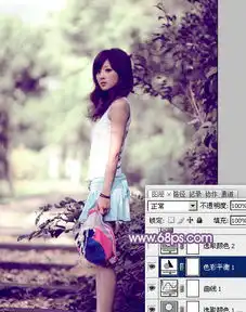 photoshop给树边的美女图片调出古典中性紫色调