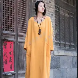 棉麻女装复古简约女式长袖宽松连衣裙袍子bxf