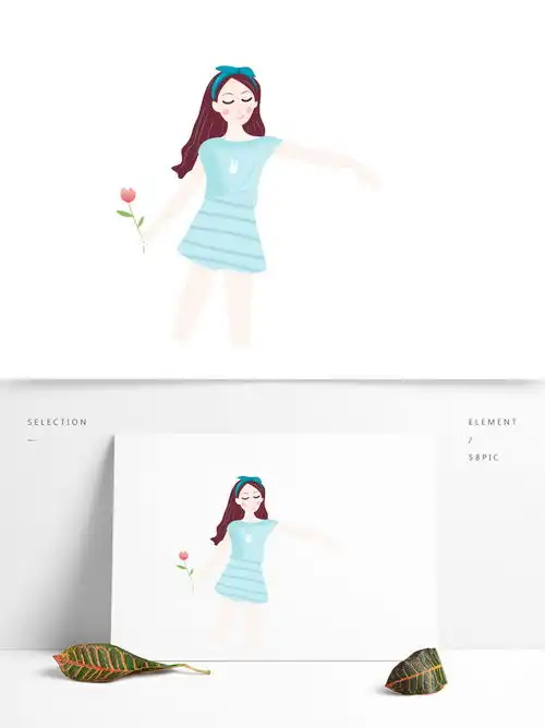 蓝色衣服女孩拿花元素图片素材psb格式下载其他大全
