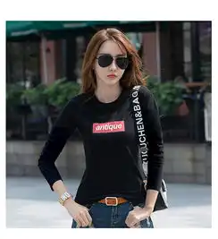 沐映纤苏黑色t恤女长袖薄款春秋女装新款潮棉ins超火上衣修身打底衫