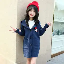 美纯衣天使春秋女中大童韩版时尚卡通加厚毛衣外套中长款连帽开衫