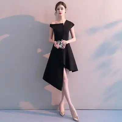 宴会晚礼服2020新款高贵优雅黑色名媛修身中长款年会小礼服裙女冬