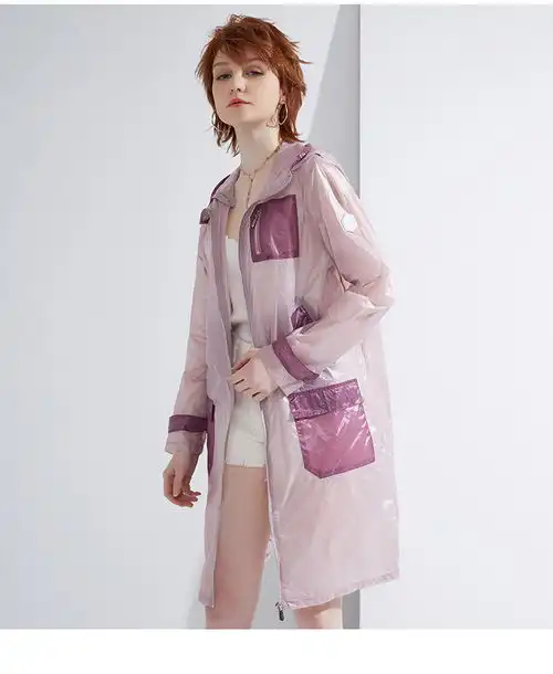 汤河店2019春季新款欧美高品质女装连帽直筒拼色中长款风衣外套防晒型薄