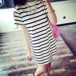2019女装中长款女式条纹宽松短袖t恤女韩版横条纹女士连衣裙pfj999