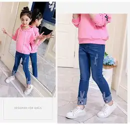 2019秋季新款韩版女童百搭童裤中大童可爱绣兔子牛仔裤潮ly