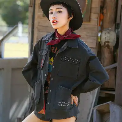 搭配迷阵欧美做旧复古嘻哈嬉皮女夹克