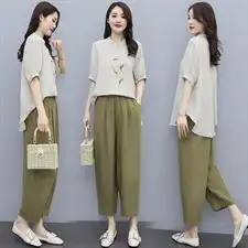 夏季休闲淑女简约舒适棉麻韩版绣花时尚居家天然两件套套装