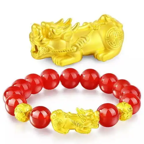 越南沙金手链男女3d硬黄金貔貅999首饰黑曜石皮丘手串招财不掉色