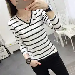 2017秋季kj新款上衣女装韩版百搭修身显瘦条纹v领长袖t恤女打底衫