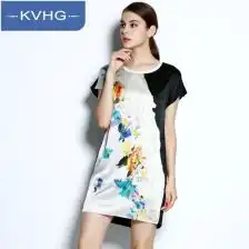 kvhg优雅纯色时尚印花百搭a字裙2017春季新款简约女式连衣裙2882