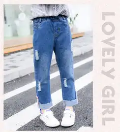 2019春季新款韩版女童童裤中大童个性刺绣爱心织带牛仔裤