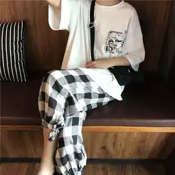 2018夏季女装韩版中长款宽松原宿风短袖t恤显瘦上衣格子休闲裤潮