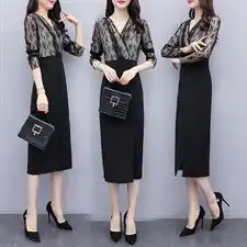 长袖蕾丝连衣裙女拼接修身气质长裙春秋装韩版职业紧身包臀一步裙